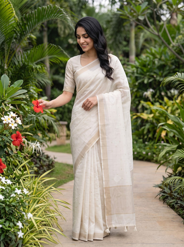 Semi Tussar Cream Geometric Pattern Saree with Striped Border and Tassels