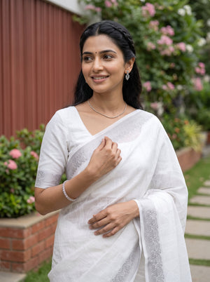 Cotton Off-White Self-Tone Geometric Weave Saree with Beige Jacquard Border
