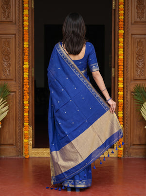 Cotton Royal Blue Silver Butta Golden Shimmer Tribal Border Tasseled Saree