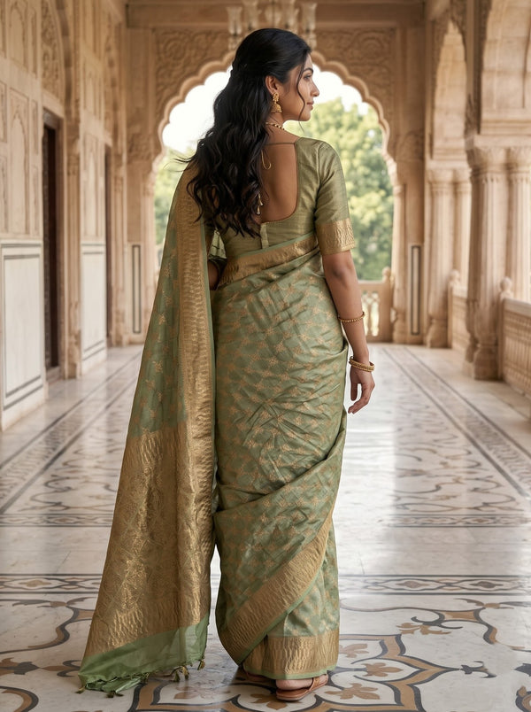 Tussar Silk Sage Green Saree with Antique Zari Lattice Jaal Weave