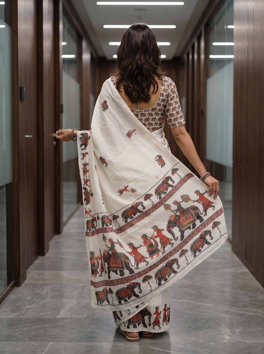 Cotton White Saree with Royal Elephant Procession Print