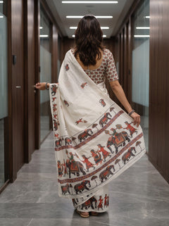 Cotton White Saree with Royal Elephant Procession Print