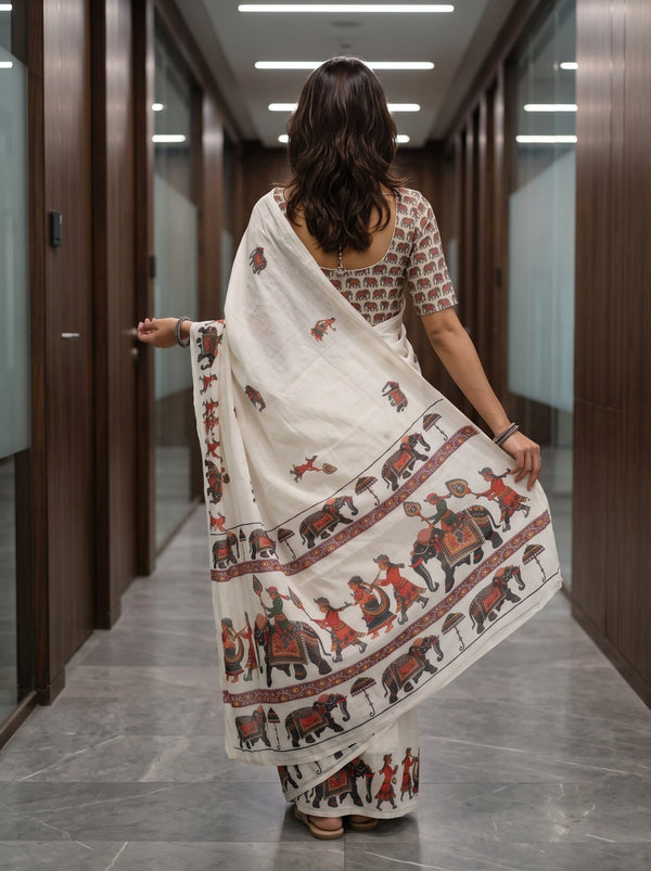 Cotton White Saree with Royal Elephant Procession Print