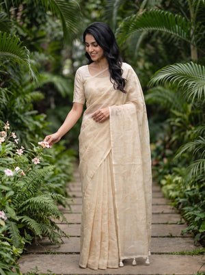 Mul Chanderi Beige Saree with Embroidered Lotus Vine Print