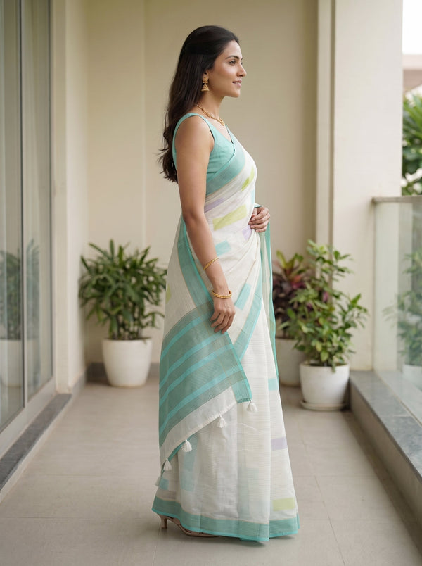Synthetic White Color Block Saree with Mint Green Border and Tassels