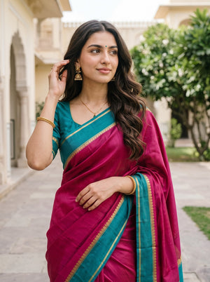 Pure Mysore Silk Rani Pink Saree with Contrast Teal Pallu and Zari Mango Border