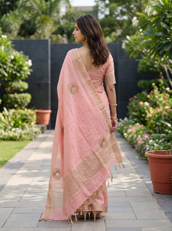 Linen Peach Saree with Golden Beaded Medallion Motifs and Tasseled Border