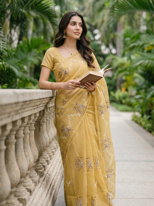 Net Kota Mustard White Warli Tribal Embroidery Saree