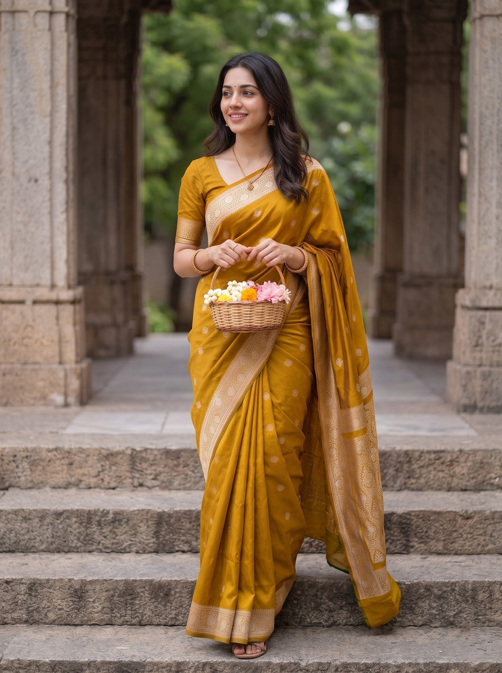 Banarasi Mustard Yellow Saree with Golden Floral Motifs and Intricate Zari Border & Pallu