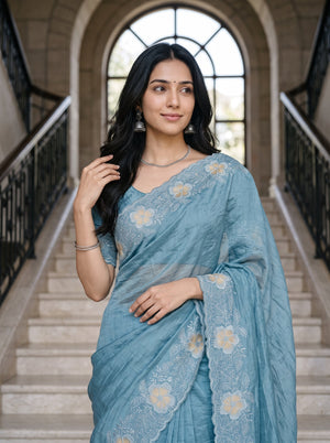 Organza Teal Blue Floral Vine Embroidered Cutwork Applique Border Saree