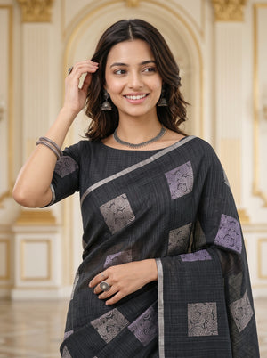 Matka Silk Black Silver Checkerboard Spiral Saree with Tassels