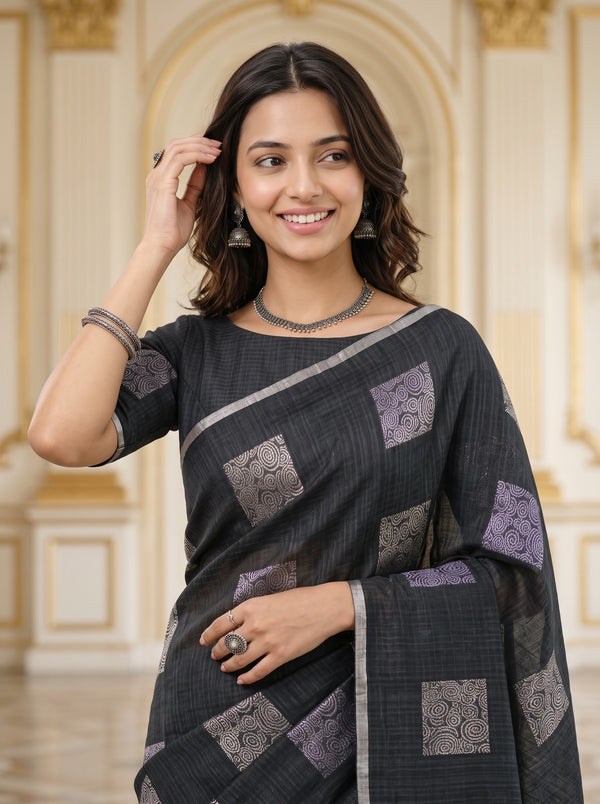 Matka Silk Black Silver Checkerboard Spiral Saree with Tassels