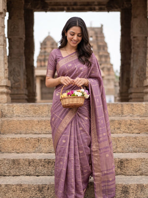 Semi Silk Mauve Checkered Paisley Saree