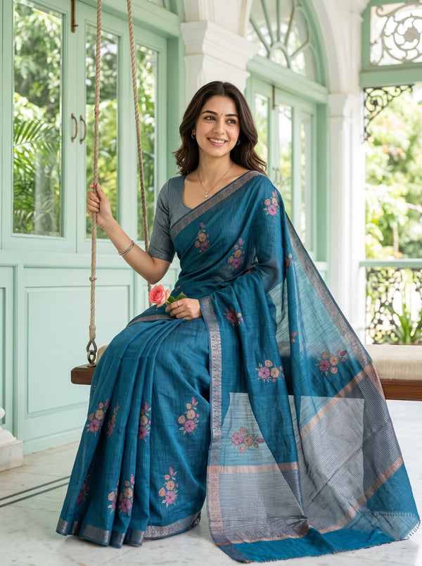 Chanderi Cotton Teal Blue  Saree with Floral Embroidery