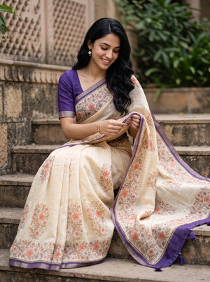 Linen Beige Botanical Print Saree with Grey Purple Border and Tassels