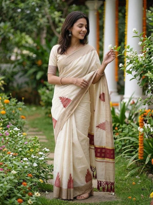 Tissue Cream Kerala Saree with Maroon Temple Motif Pallu and Tassels
