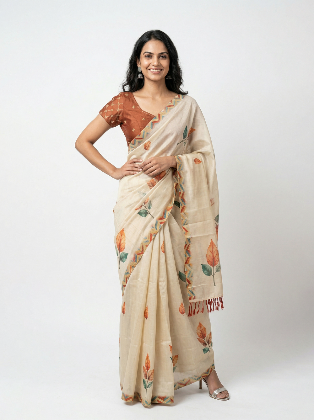 Tissue Silk Cream Autumn Leaf Print Set Saree with Chevron Border