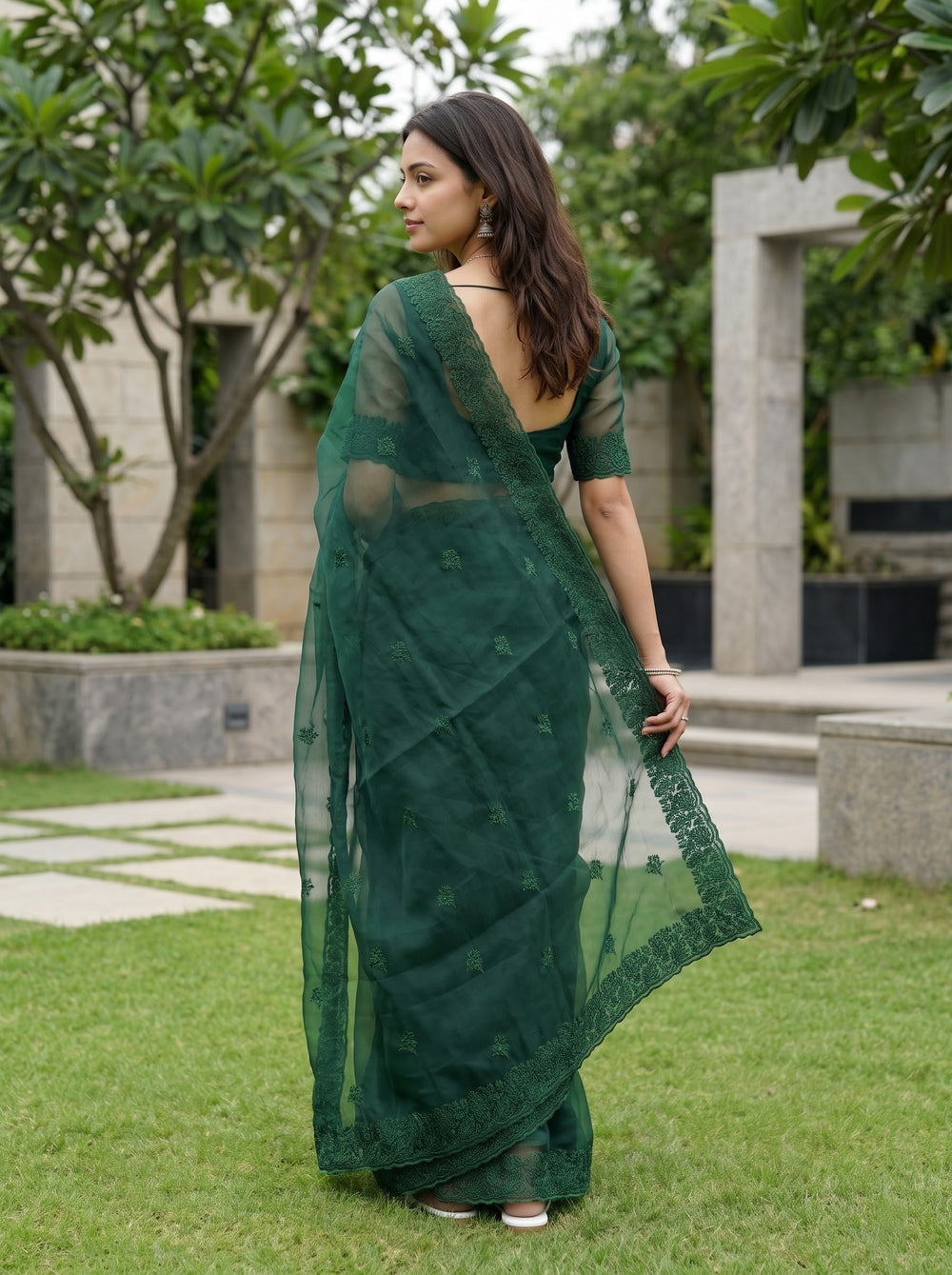 Organza Bottle Green Floral Butta Self Embroidered Border Saree