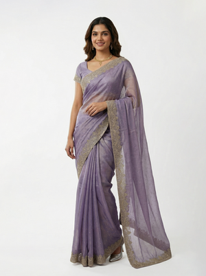 Shimmer Organza Lavender Purple Stone Studded Saree with Zari Embroidered Border