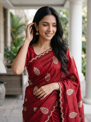 Vichitra Silk Maroon Golden Floral Scalloped Border Saree