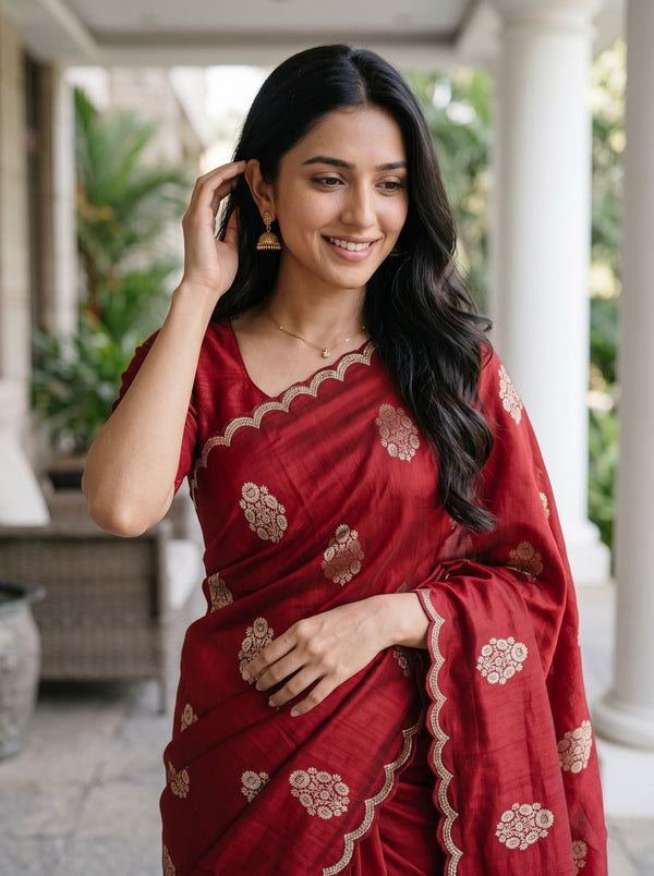 Vichitra Silk Maroon Golden Floral Scalloped Border Saree