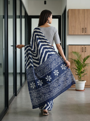 Cotton Navy Blue Paisley Medallion Block Print Saree