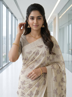 Chanderi Cotton Beige Sequined Butterfly Print Saree with Striped Pallu