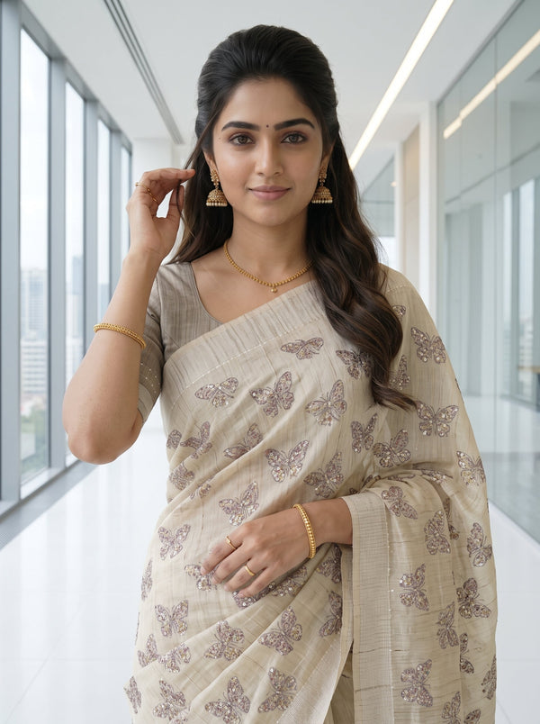 Chanderi Cotton Beige Sequined Butterfly Print Saree with Striped Pallu