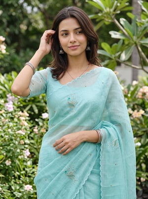 Linen Mint Beaded Peacock Motif Saree with Scalloped Border