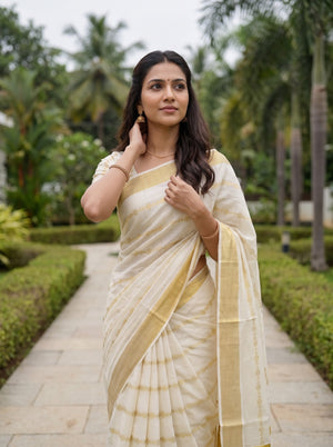 Cotton Cream Golden Dashed Line Wide Border Onam Kerala Saree
