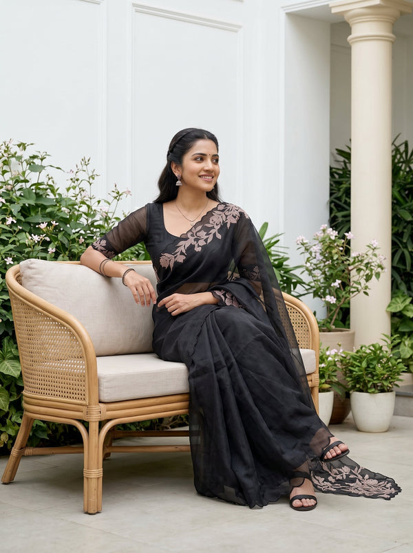 Organza Black Zari Floral Vine Applique Embroidered Pallu Saree