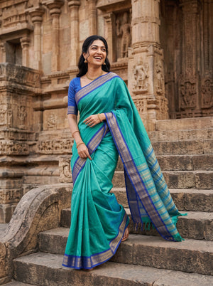 Semi Silk Sea Green Contrast Blue Zari Saree