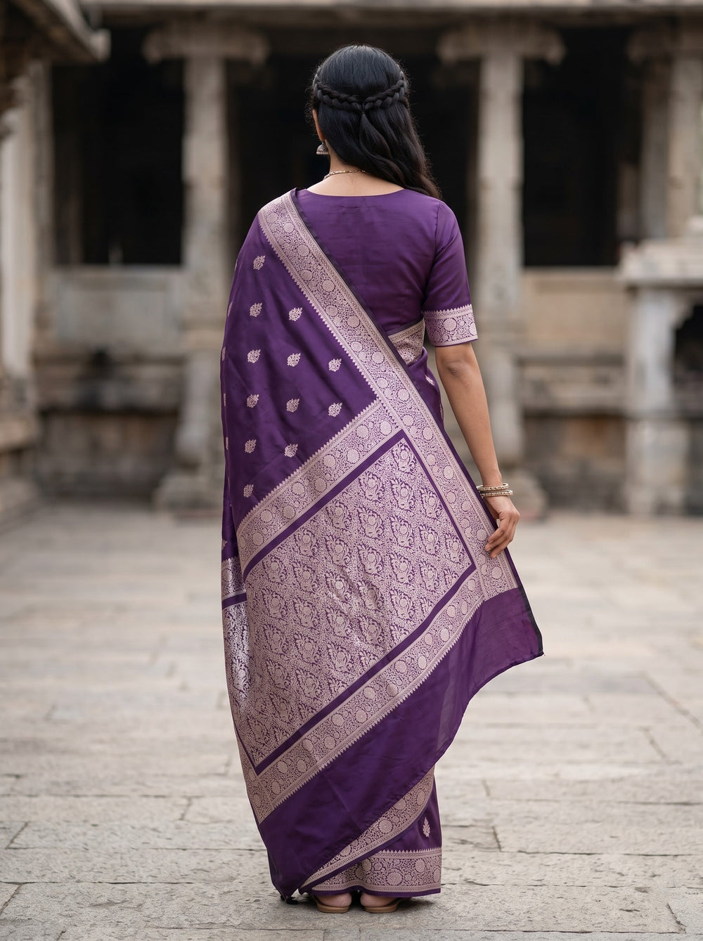 Banarasi Silk Deep Purple Silver Zari Floral Framed Panel Saree with Tassels
