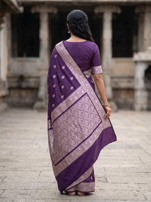 Banarasi Silk Deep Purple Silver Zari Floral Framed Panel Saree with Tassels