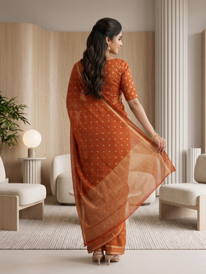 Chiffon Saree in Burnt Orange with Scattered Zari Motifs