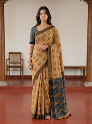 Cotton Grey Mustard Batik Print Pinstripe Border Tasseled Saree