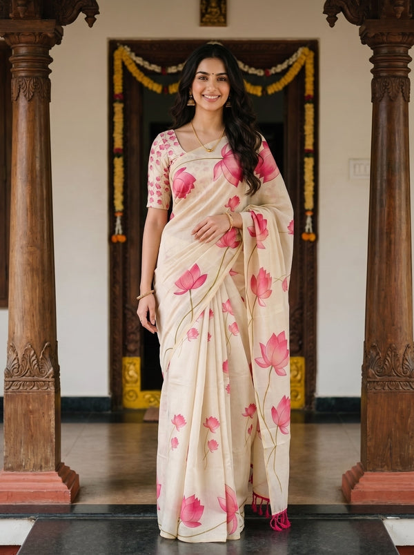 Tissue Cream Lotus Stem Print Onam Kerala Saree with Tassel Edge