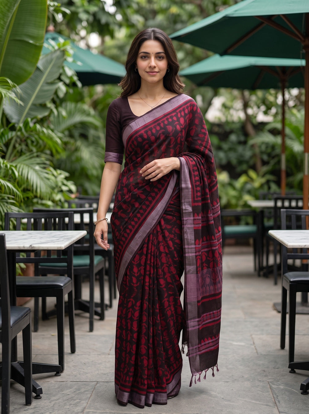 A woman wearing a dark red and black patterned saree with a deep purple border and a solid dark purple blouse, standing in an outdoor patio setting with green umbrellas and plants.