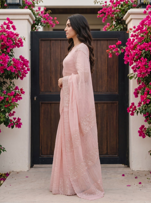 Organza Blush Pink Saree with Sequin Border and Scalloped Edge