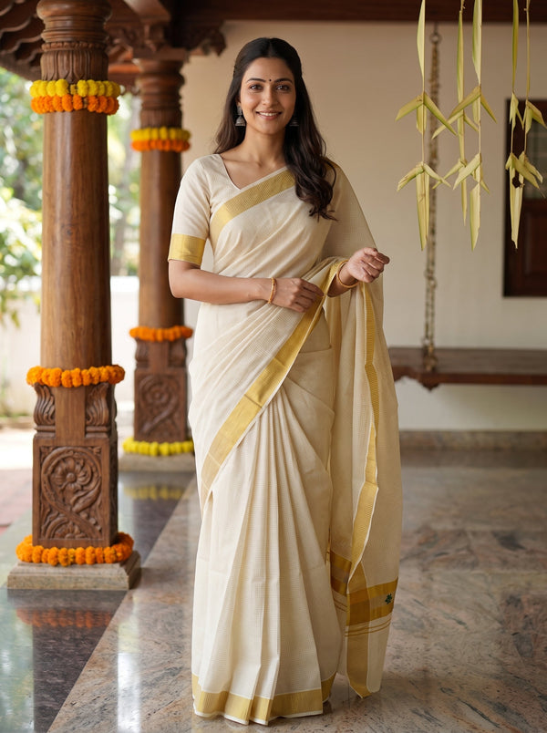 A woman wearing a cream-colored cotton saree with a yellow border stands in a traditional indoor setting with carved wooden pillars decorated with orange marigold garlands.