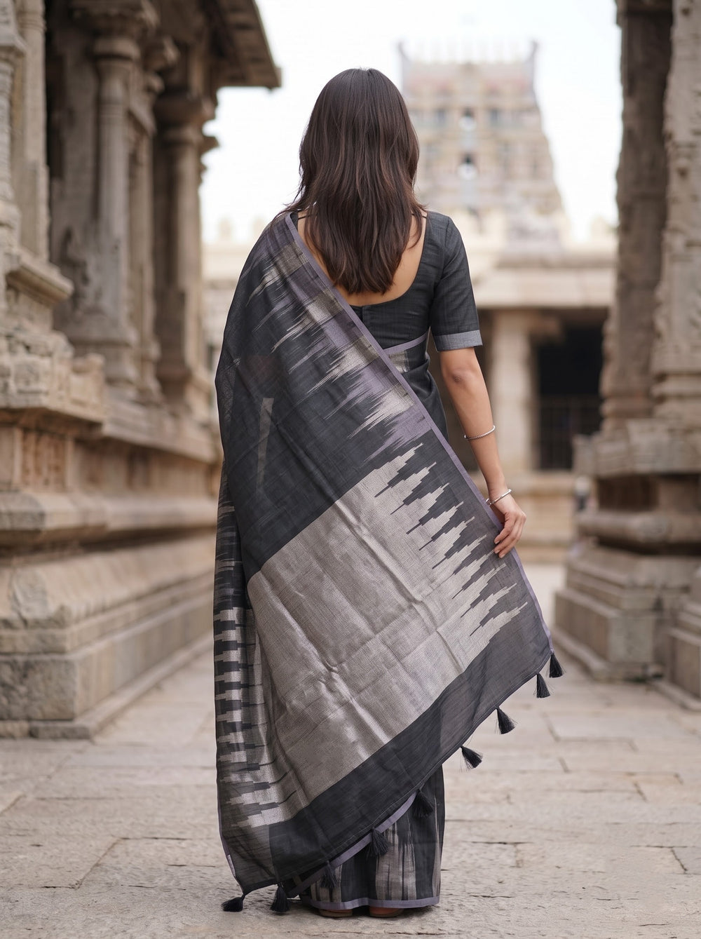 Matka Silk Black Silver Ikat Flame Weave Saree