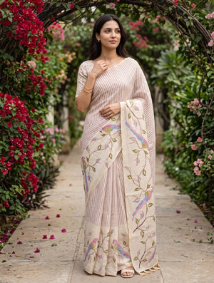 Linen Cream Parrot Bird Branch Print Saree