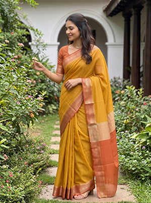 Semi Chanderi Silk Golden Yellow Checkered Rust Orange Zari Border Saree