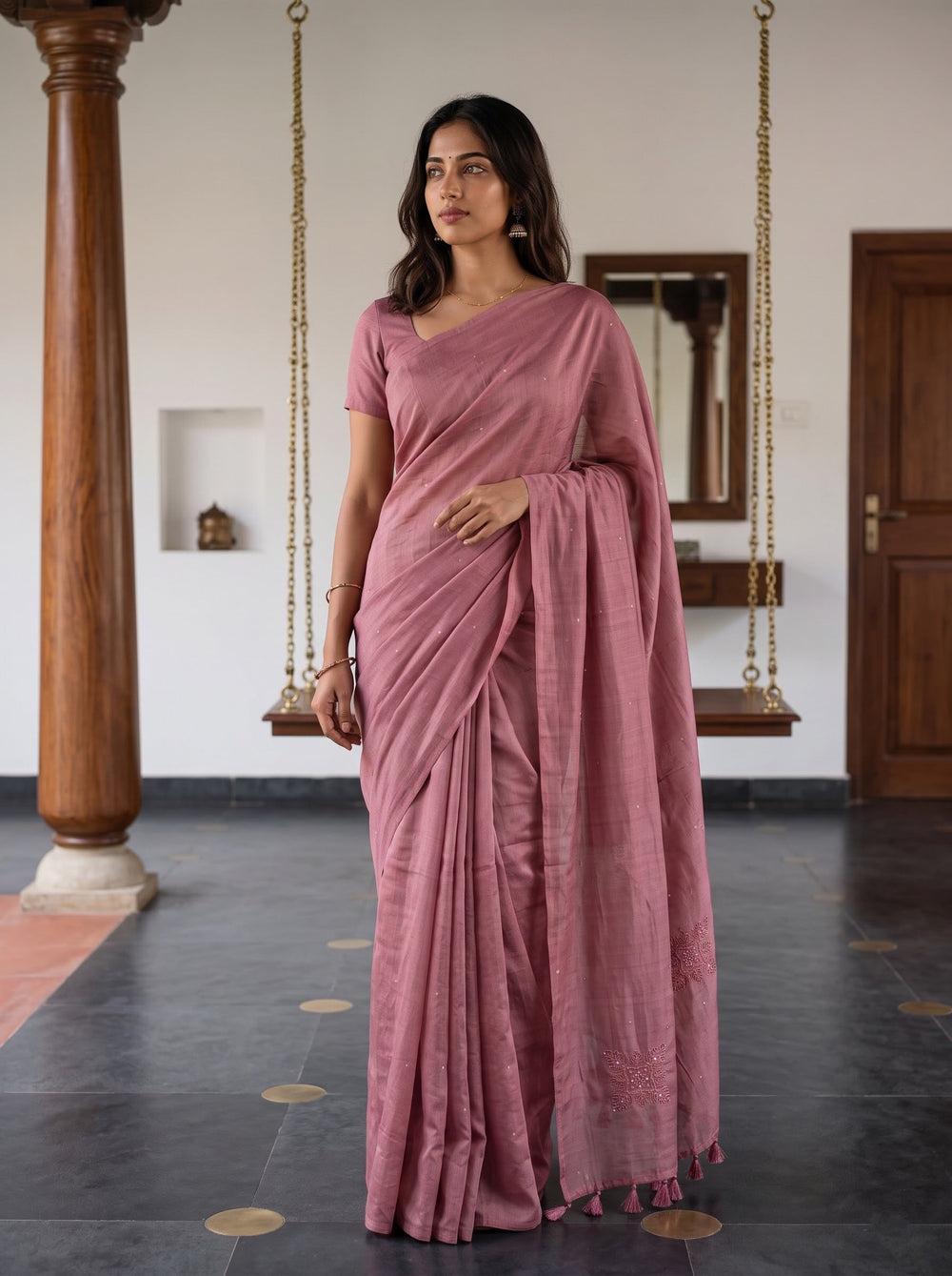 Tusser Silk Dusty Rose Pink Paisley Floral Embroidered Saree