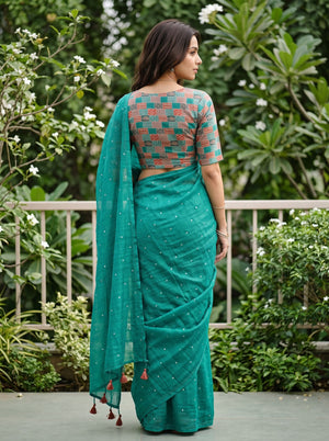 Chiffon Sea Green Scattered Sequin Dot Saree
