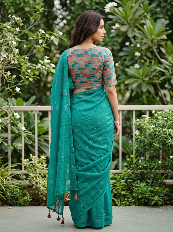 Chiffon Sea Green Scattered Sequin Dot Saree