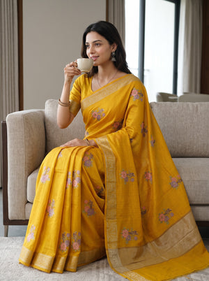 Chanderi Cotton Mustard Saree with Floral Motifs