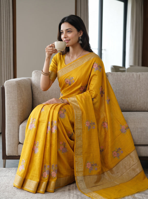 Chanderi Cotton Mustard Saree with Floral Motifs