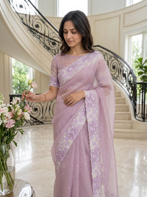 Organza Mauve Contrast White Floral Lace Border Saree