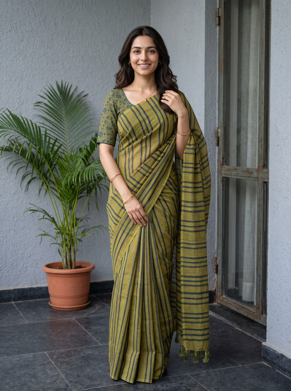 Cotton Olive Green Saree with Teal Horizontal Stripe Print